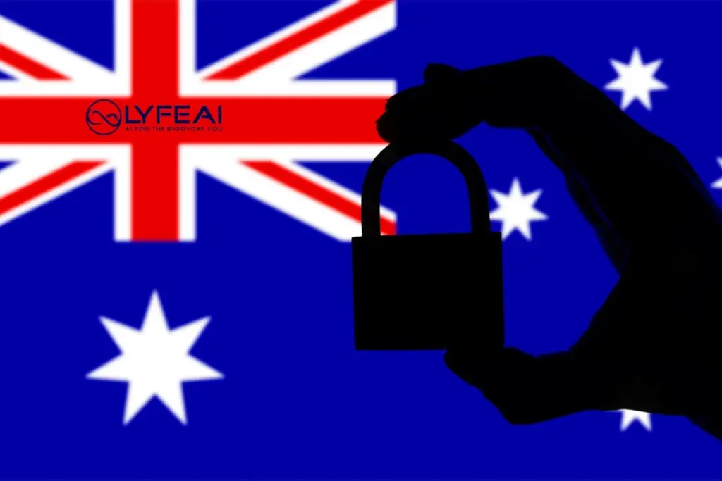 Silhouette of a hand holding a padlock against the background of the Australian flag, symbolising data security and compliance with local regulations