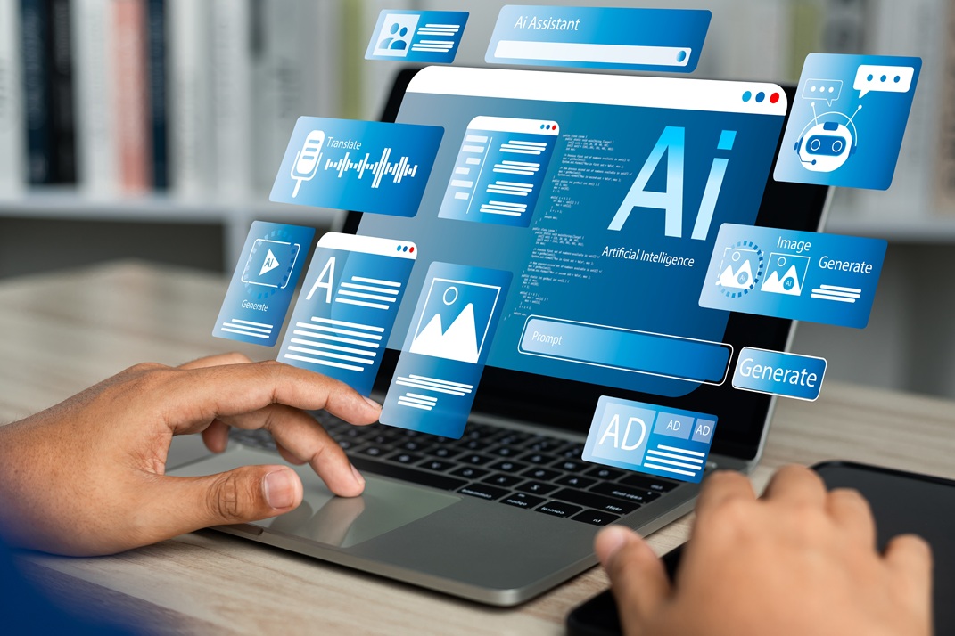 Person interacting with a laptop displaying AI tools and applications, highlighting various AI functionalities.