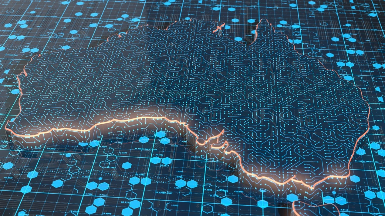 Digital representation of Australia with a circuit board pattern and blue data points.