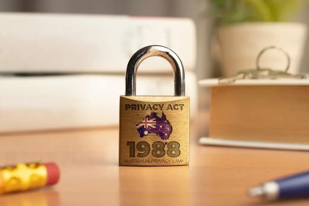 Padlock featuring the 'Privacy Act 1988' and a map of Australia on a wooden desk