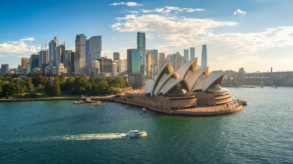 Aerial view of the Sydney Opera House and skyline during sunset