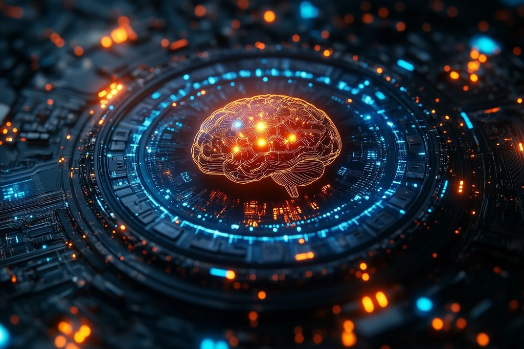 Abstract digital representation of a brain with circuit patterns and glowing elements.