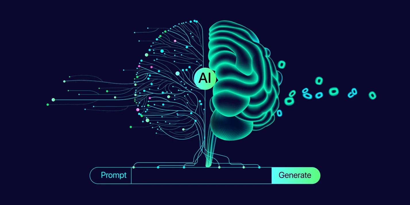 Graphic illustration of a brain and AI interface with connected networks