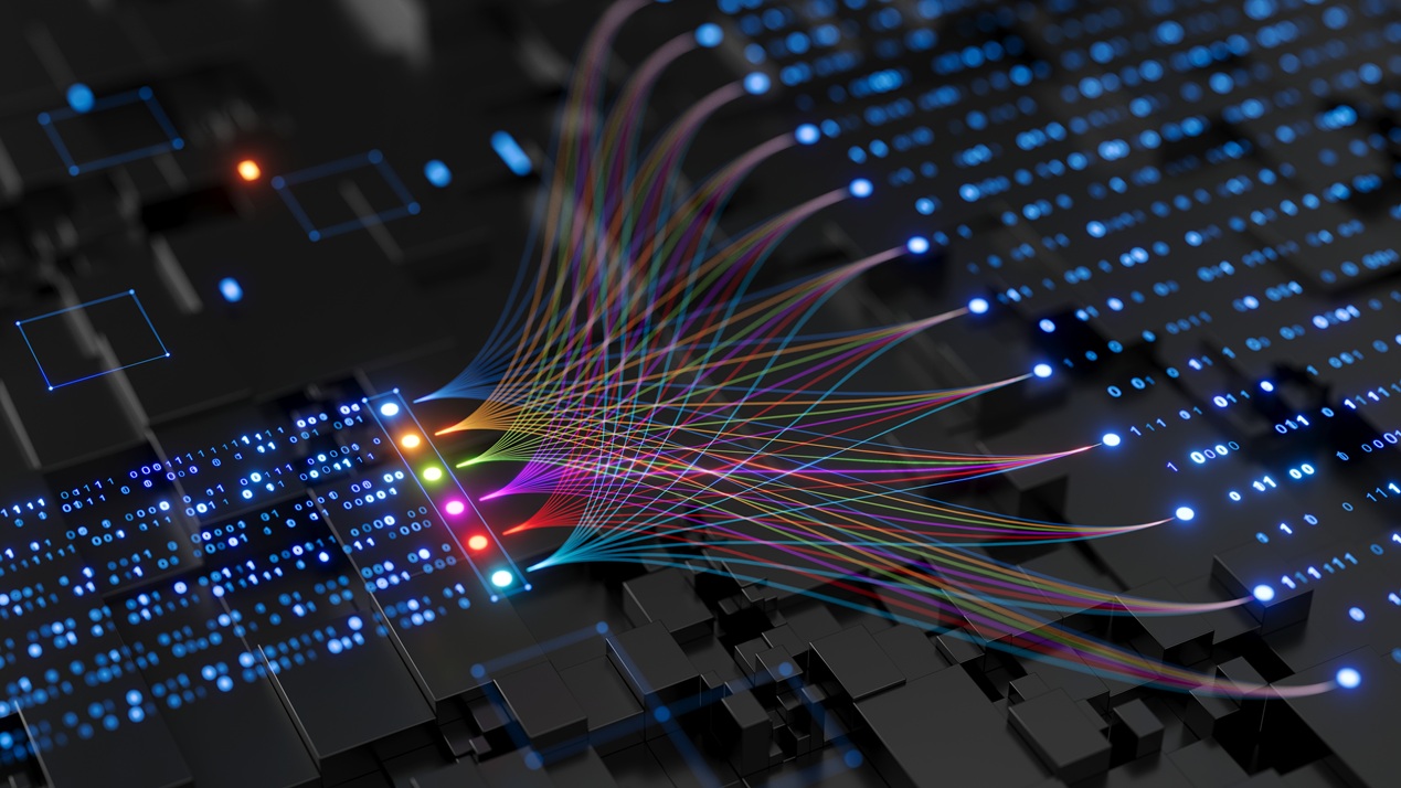 Visualization of multimodal AI data processing showing colorful neural network connections integrating binary code across digital layers.