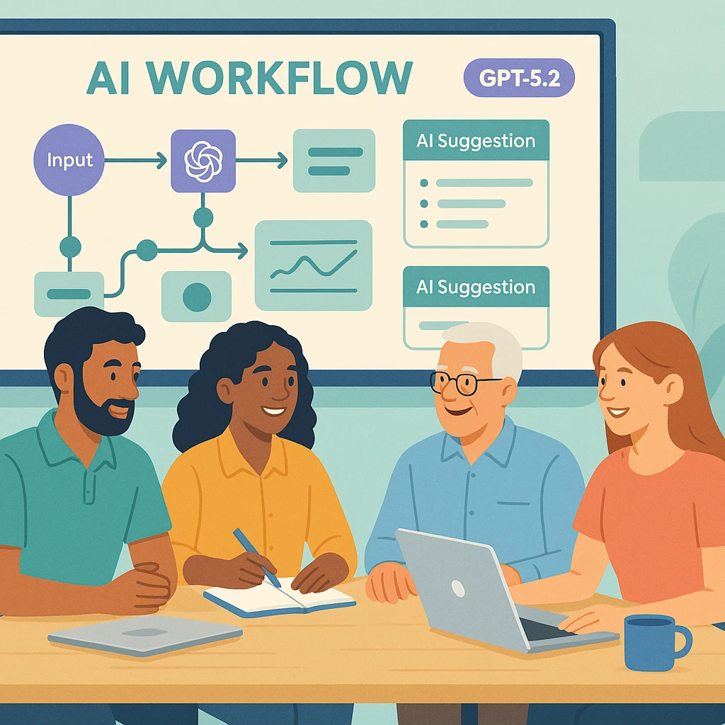 Australian office team collaborating at laptops around GPT‑5.2 dashboard, planning AI adoption and support chat workflows