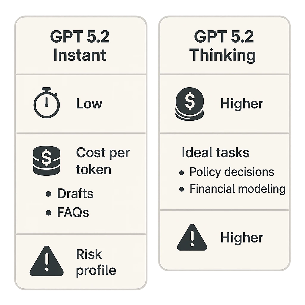 GPT 5.2 Instant vs Thinking Costs For SMBs: Model Selection and Routing Guide 4 Comparison chart of GPT‑5.2‑Instant vs GPT‑5.2‑Thinking, highlighting latency, cost per token, risk profile, and ideal tasks for AU SMB workloads