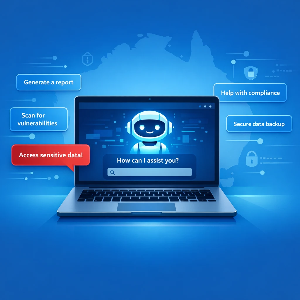 AI assistant on laptop in front of Australia map, juggling helpful tasks while a red prompt injection demands access to sensitive data