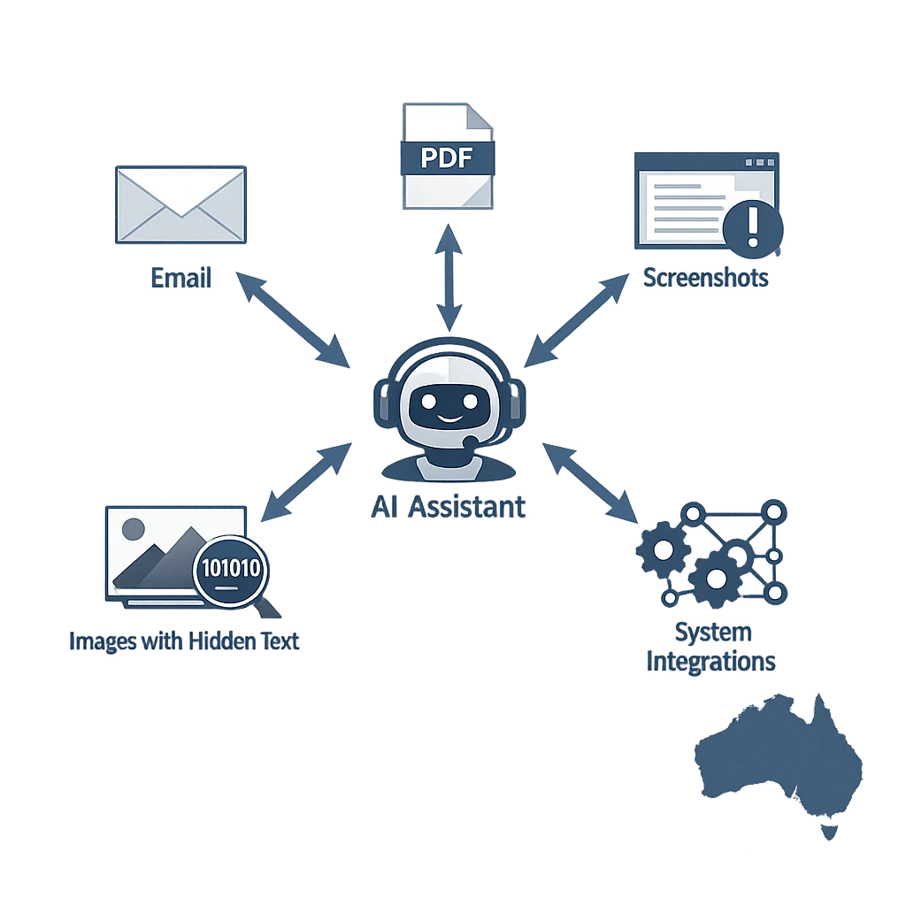 Diagram of an AI assistant targeted by prompt injection via email, PDFs, screenshots, hidden image text, system integrations, and Australian data sources