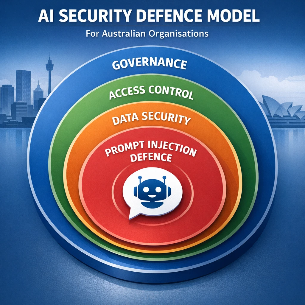 Layered AI security defence model diagram highlighting prompt injection defence, data security, access control and governance for Australian organisations