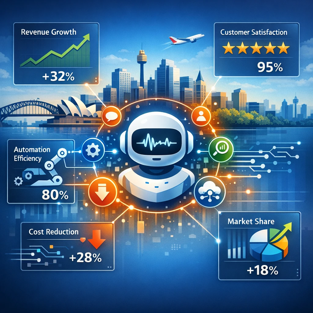 Illustration of LYFE AI co-pilot boosting revenue, satisfaction, efficiency, cost reduction and market share for Australian businesses