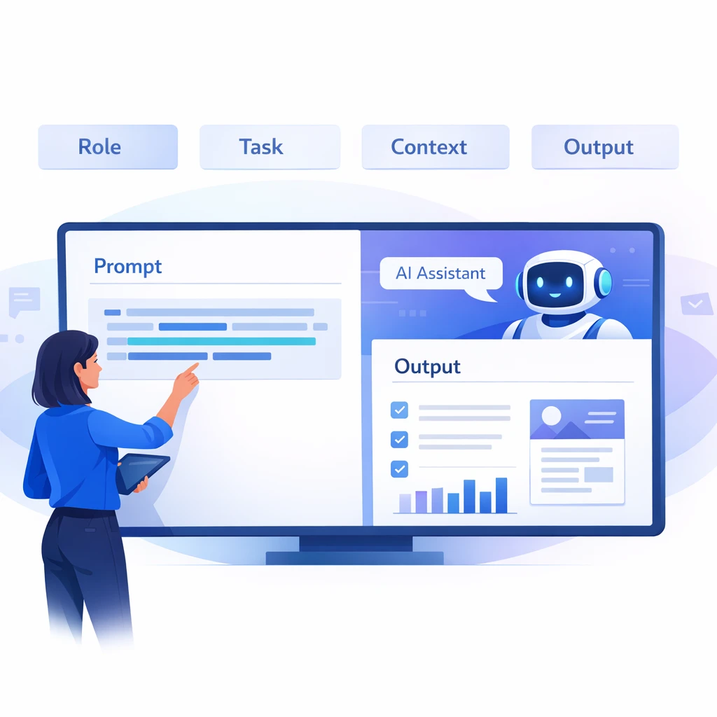 Designing High-Performance Prompts: Structures, Patterns, and Everyday Wins 3 Designer pointing at structured prompt fields on a screen with AI assistant and output charts, illustrating deliberate prompt design