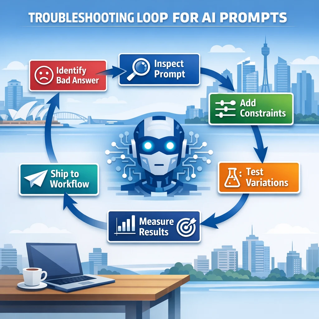 Prompt Engineering Assistants: Debugging and Experimentation for Reliable AI Workflows 3 Circular troubleshooting loop for AI prompts showing inspect, add constraints, test variations, measure, and ship steps in a Sydney tech workflow