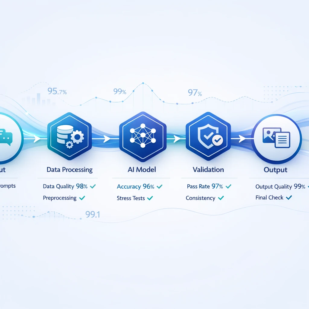 Prompt Engineering Assistants: Debugging and Experimentation for Reliable AI Workflows 6 Flowchart of an AI prompt engineering pipeline showing data processing, model testing, validation, and quality-checked output metrics