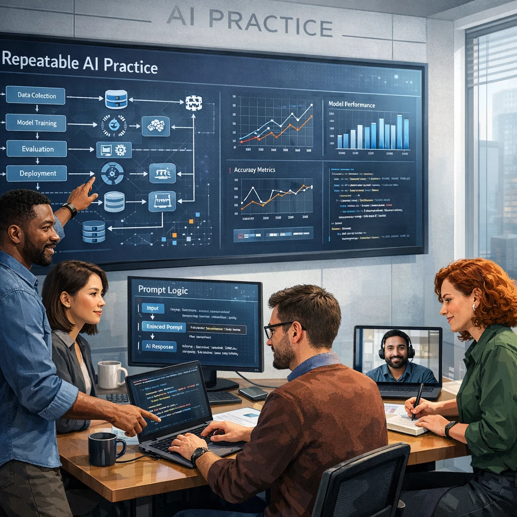 Technical team collaborating on prompt engineering workflows, reviewing AI accuracy metrics and deployment steps for reliable, repeatable AI practice