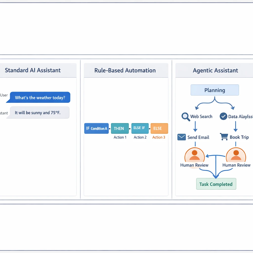 Diagram comparing standard AI assistant, rule-based automation, and agentic assistant workflows for workplace task completion