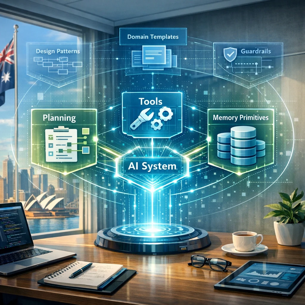 Agentic Prompting Assistants From Concept to Compliance 6 Illustration of an AI workplace system integrating planning, tools, memory primitives, design patterns, templates, and guardrails in an Australian office