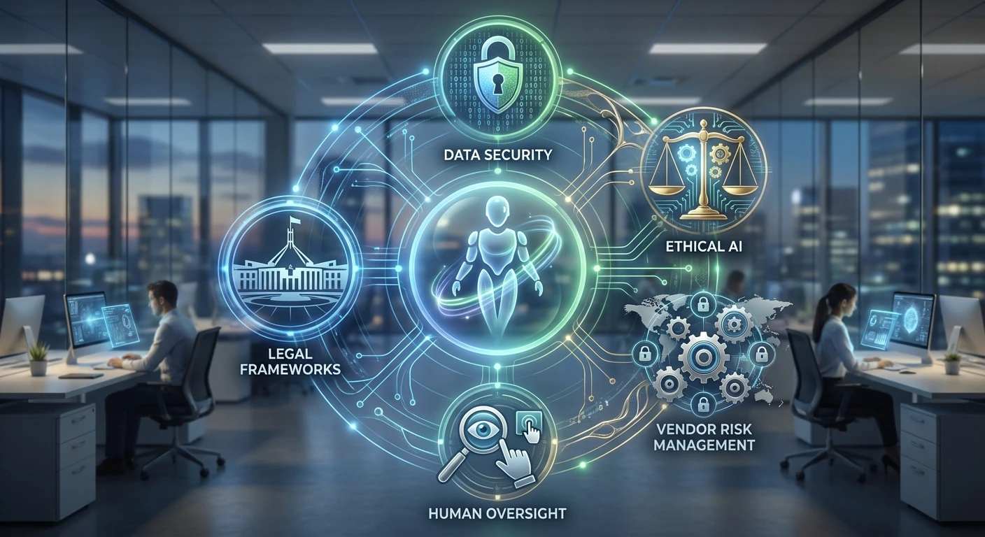 Digital illustration of an AI assistant in an office, linking data security, ethical AI, legal frameworks, human oversight and vendor risk management
