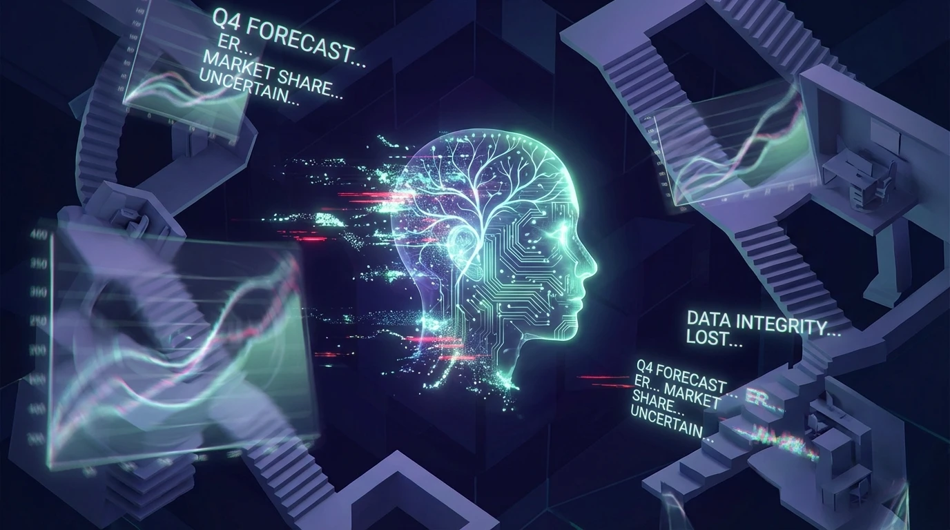 Abstract depiction of AI hallucinating, showing distorted data and glowing, fragmented digital elements.