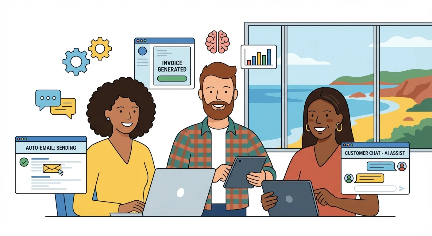 Diverse small business team uses laptops and tablets as ai automation for small businesses handles email, invoices and customer chat