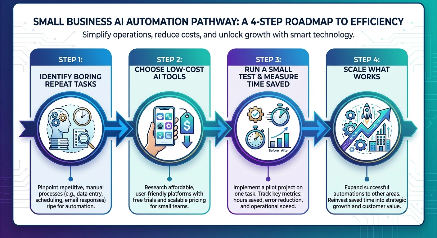 Infographic outlining a 4-step ai automation for small businesses roadmap from identifying repetitive tasks to scaling successful workflows
