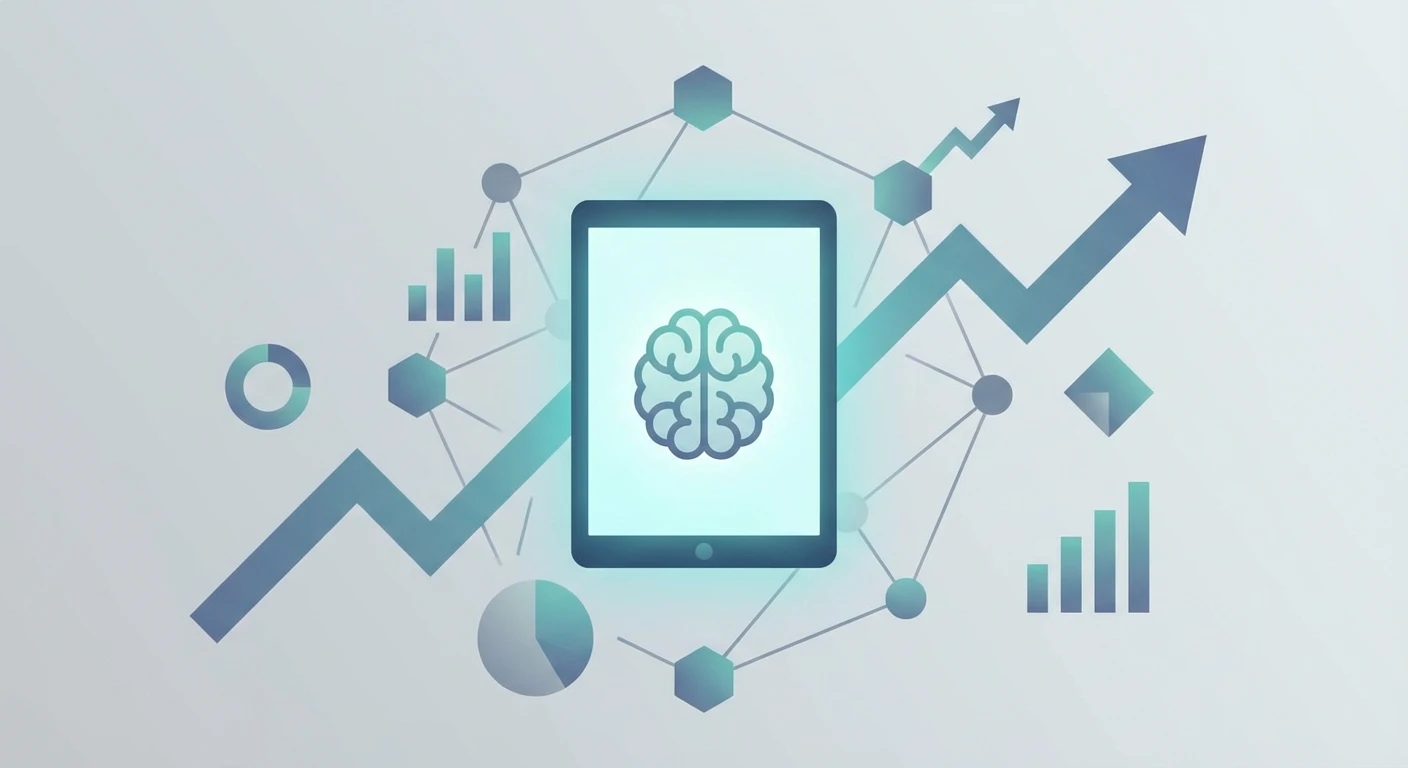 Mastering Copilot Email in Outlook for AU IT Teams - Part 3 4 Tablet with brain icon surrounded by analytics charts, symbolising AI-driven email optimisation in Outlook for Australian IT teams