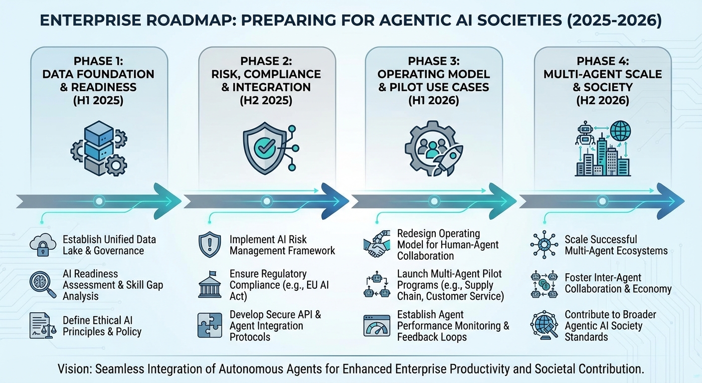 Agentic AI Society and Why Enterprises Must Prepare 5 Enterprise roadmap infographic showing four phases to prepare enterprises for agentic AI societies between 2025 and 2026