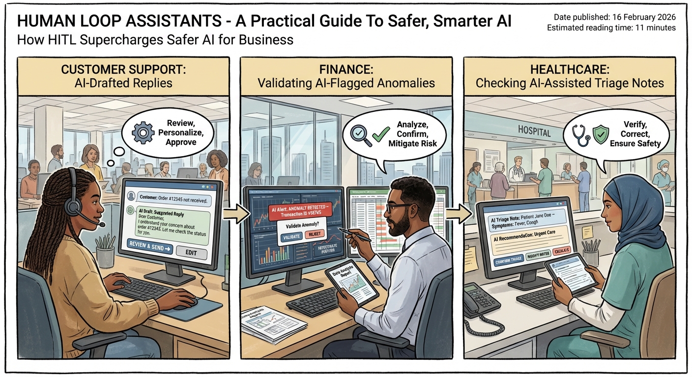 Human Loop Assistants Guide for Safer Smarter AI 5 Comic-style workflow showing agents in customer support, finance, and healthcare reviewing, correcting, and approving AI-generated outputs
